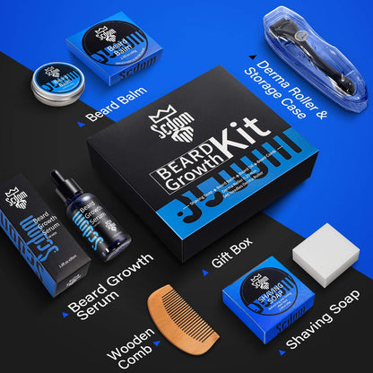 Kit de Croissance de la Barbe, Kit pour Faire Pousser la Barbe pour les Hommes Avec Derma Roller en Titane + Huile Sérum de Croissance de la Barbe + Baume à Barbe + Savon Nettoyant pour Barbe + Peigne