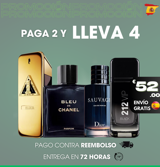 PAGA 2 Y OBTÉN 4 - Kit de Perfumes Premium Masculino (100ml) - 212 VIP Black - One Milion - Bleu de Chanel - Sauvage Dior